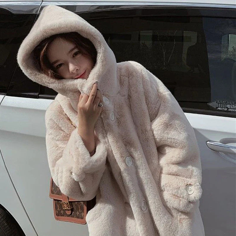 Winter Women's Faux Rabbit Fur Coat Hooded Thick And Plush Jacket
