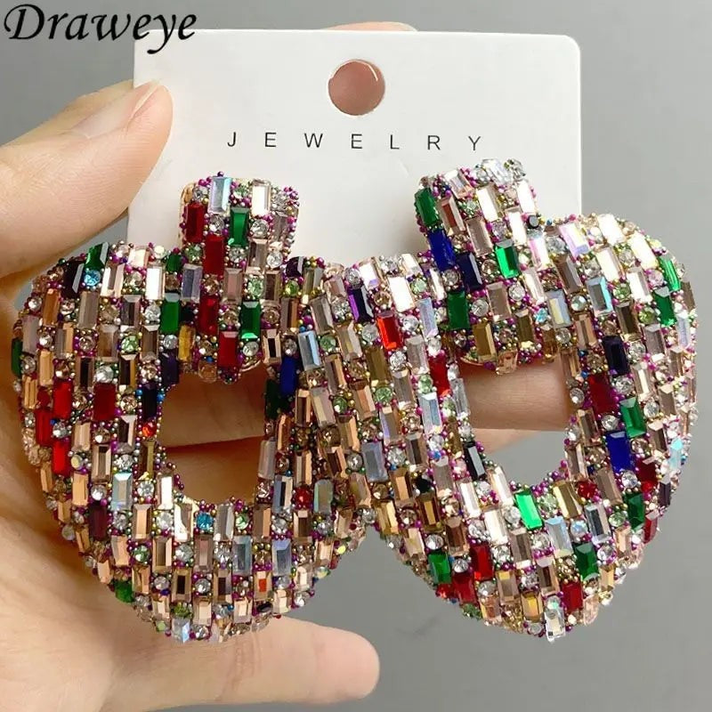 Draweye Colorful Rhinestones Stud Earrings for Women Hyperbole Hearts Hollow