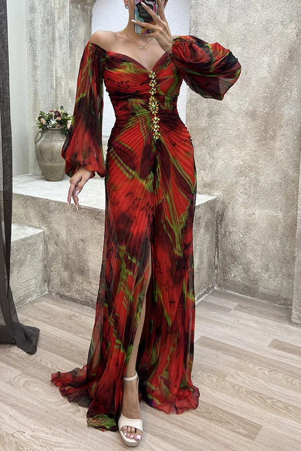 Women Floral Lantern Long Sleeve Dress Elegant Rhinestone Off Shoulder Maxi