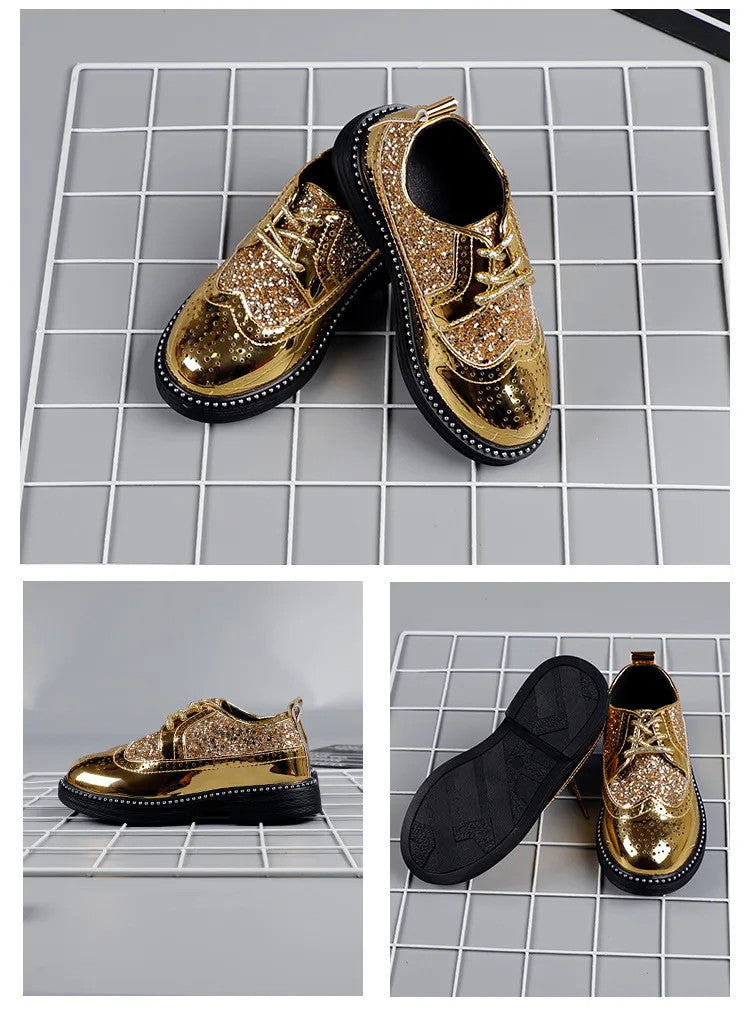 Boys Hollow Out silver Shoes Leather for Kids Party Wedding Dance Shoe Dress