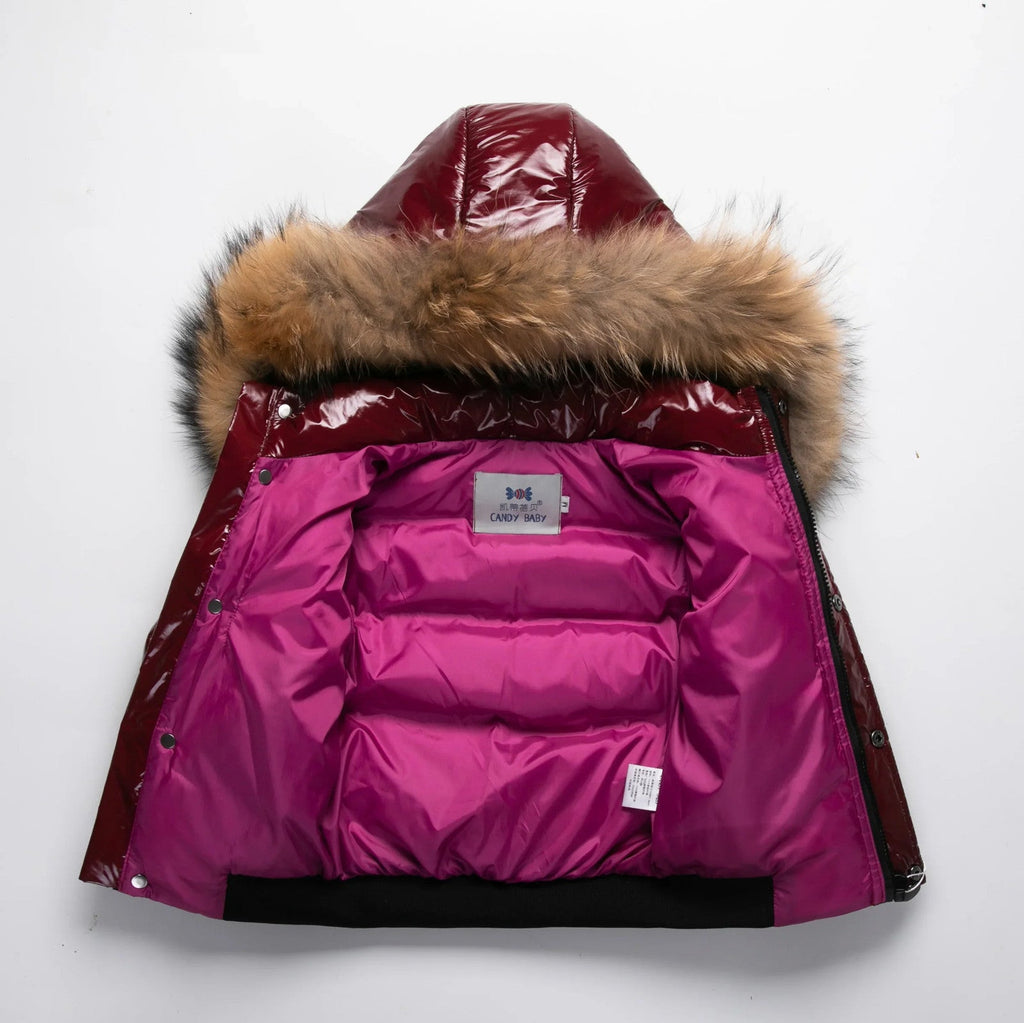 Kids Winter Down Jacket Real Faux Fur Waterproof Shiny Thick Warm Outerwear