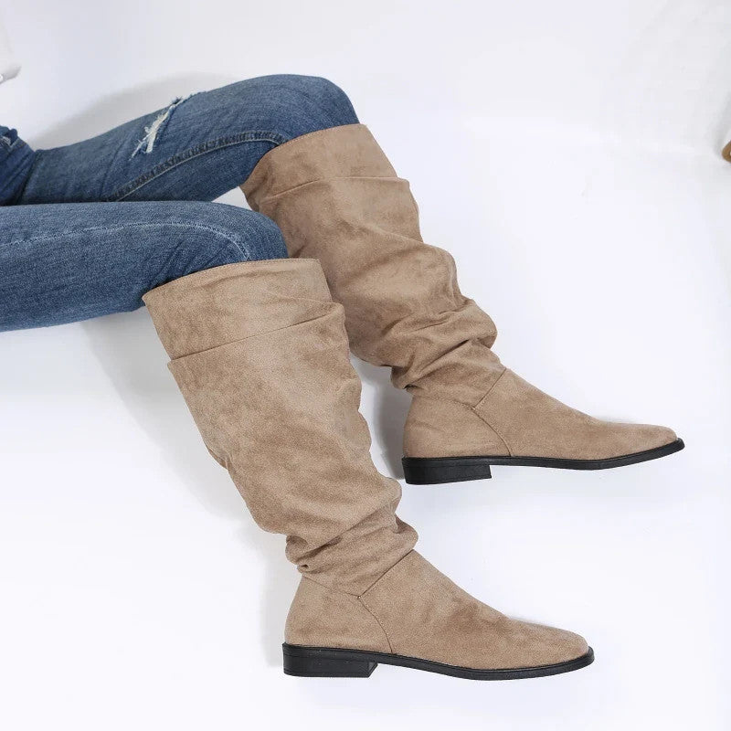 Women's Knee-High Winter Boots – Slip-On | Square Heel | Microfibre Upper | Cotton Lining | Sizes 35–43 | Black & Khaki