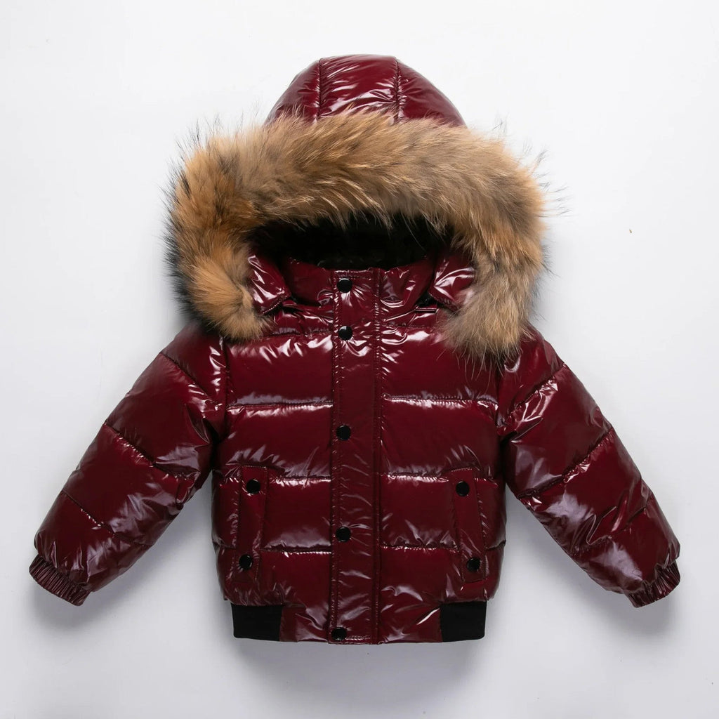 Kids Winter Down Jacket Real Faux Fur Waterproof Shiny Thick Warm Outerwear