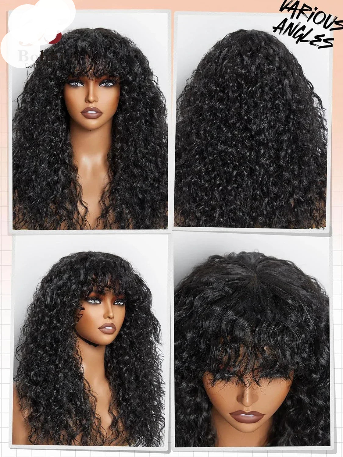 100% Human Hair Wigs with Bang Full Wig Brown Black Highlight Water Wave