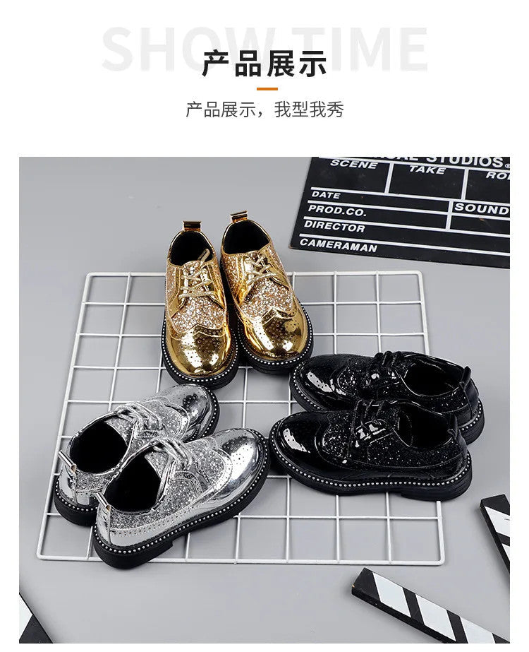 Boys Hollow Out silver Shoes Leather for Kids Party Wedding Dance Shoe Dress
