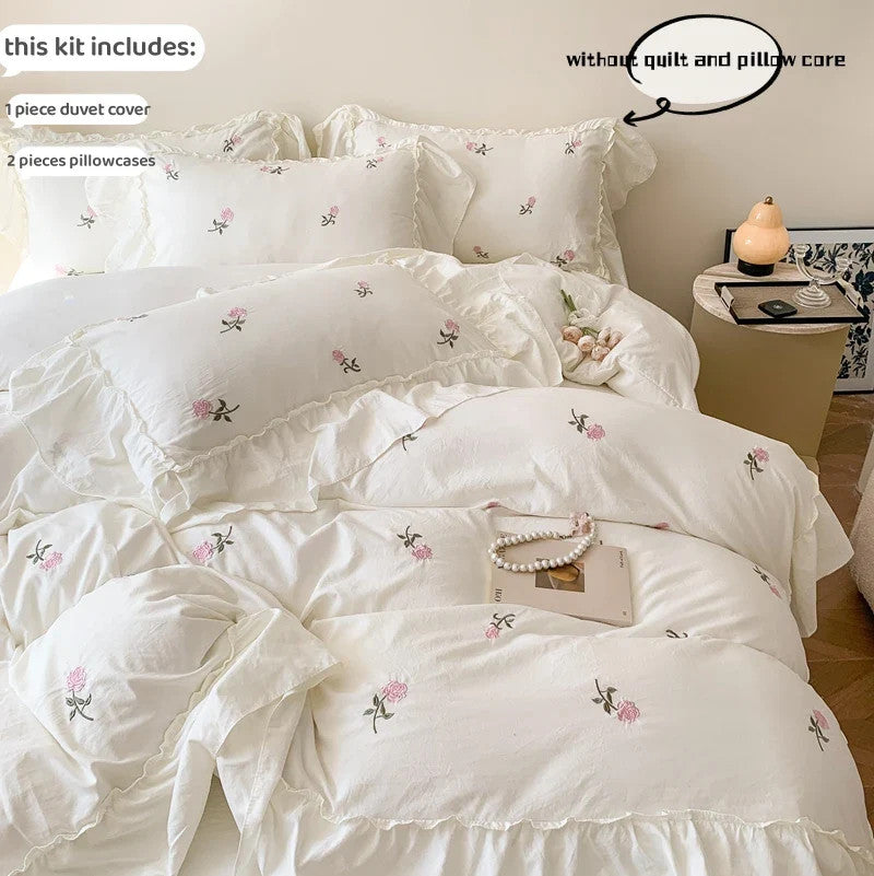 3pcs Rose Embroidered Duvet Cover Set (1*Duvet Cover + 2*Pillowcase, Without