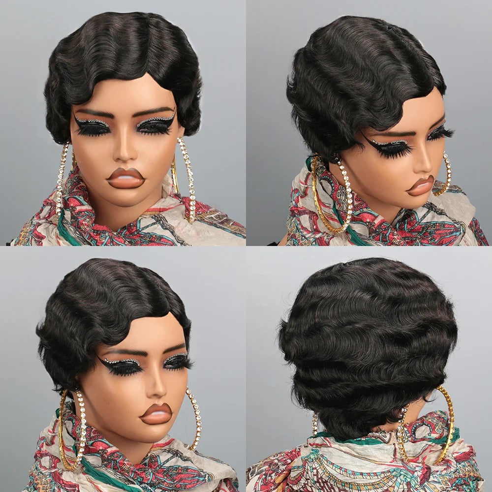 Women's Brown Short Ocean Pixie Wave 100% Human Hair Wig