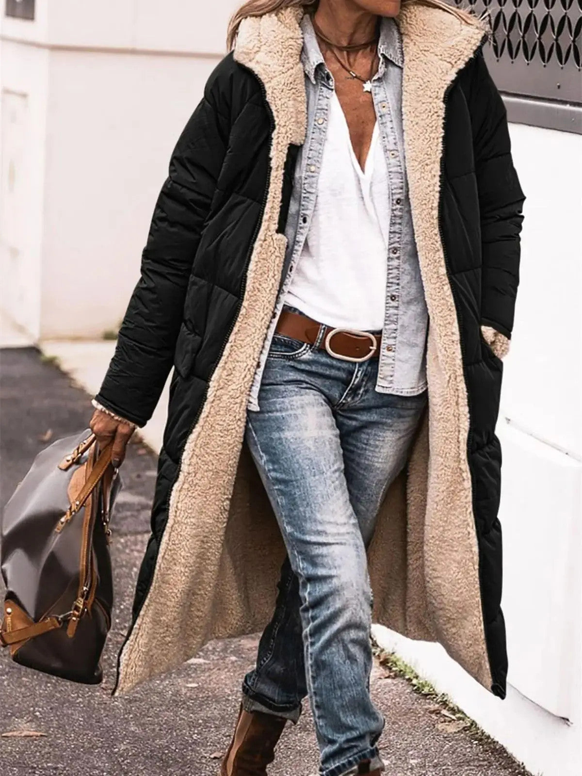 Winter Hooded Quilted Women's Solid Reversible Long Sleeve Thick