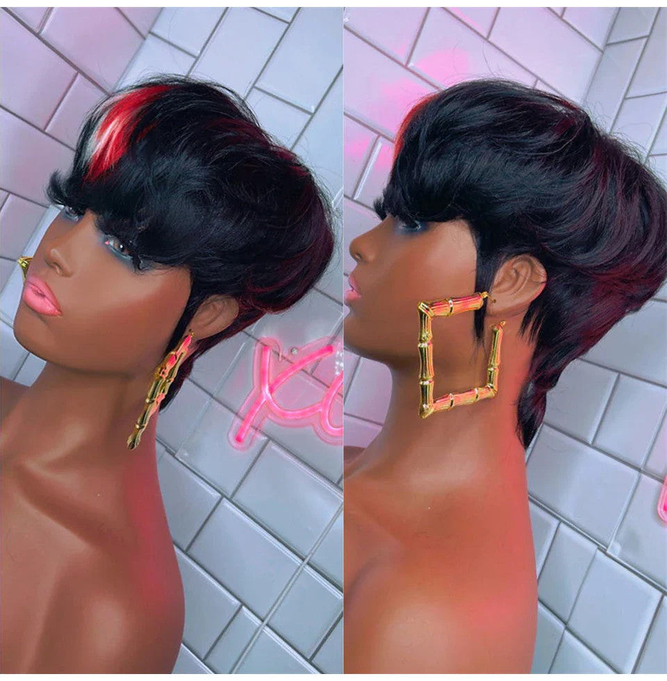 613 Blue Highlight Short Straight Bob Wigs Pixie Human Hair Wig With Bangs Full