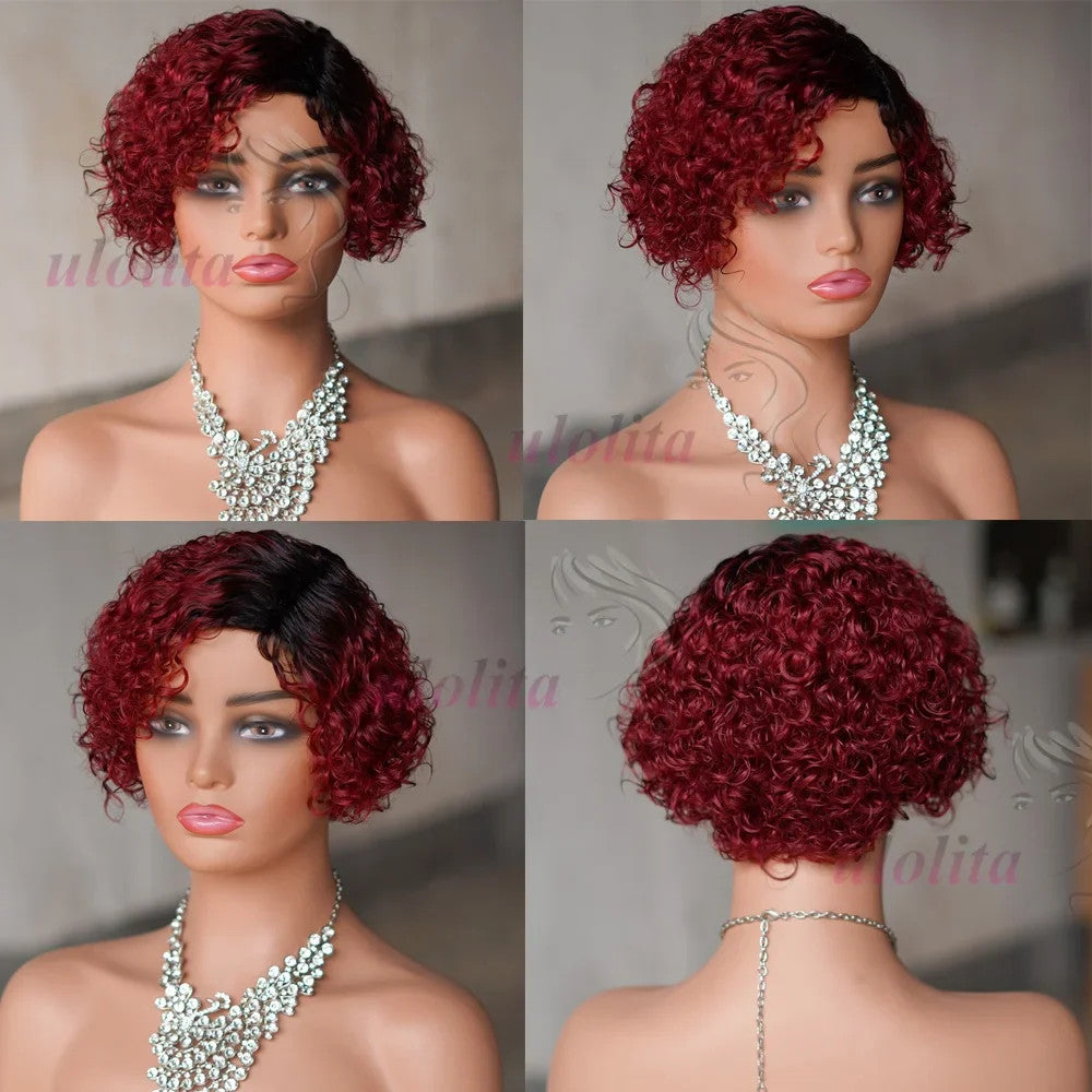 Ombre Blonde T1B27Pixie Cut Short Curly Bob Side Part Non Lace Front 100%