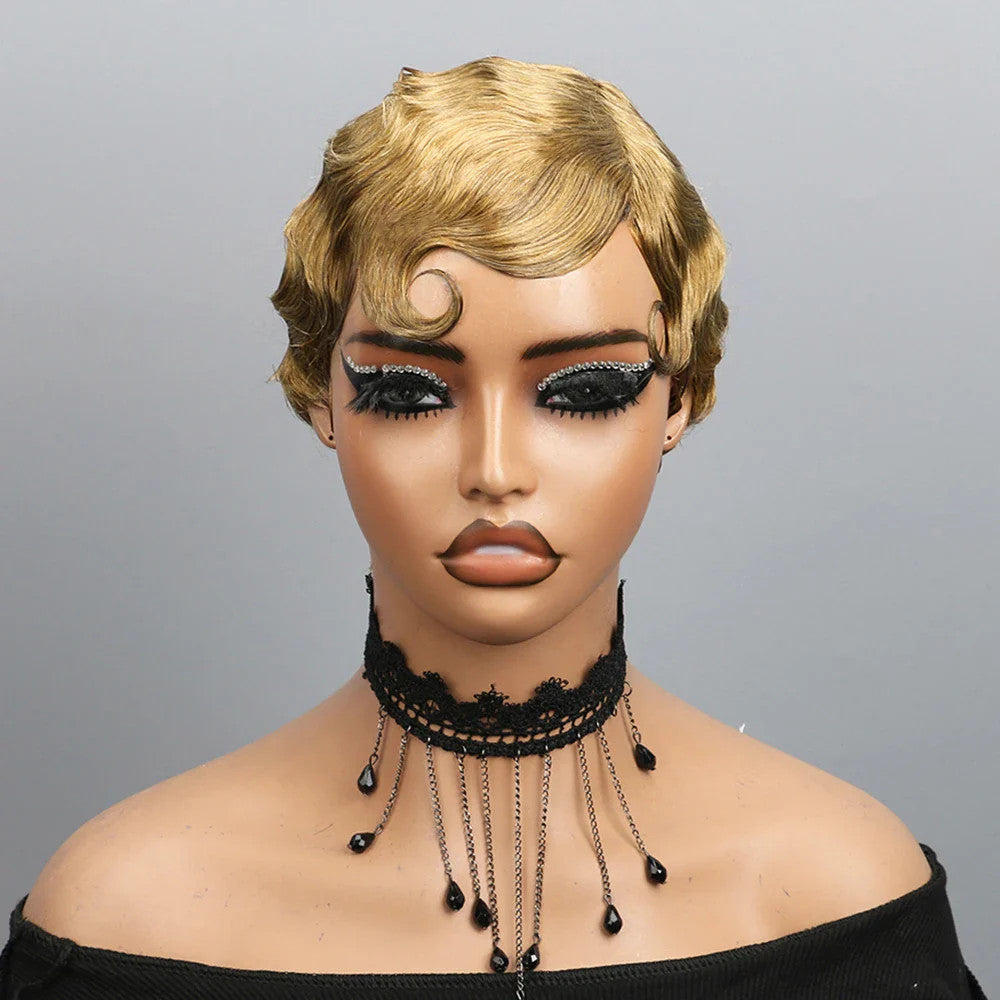 Finger Wave Pixie Human Hair Wigs For Women 180% Density