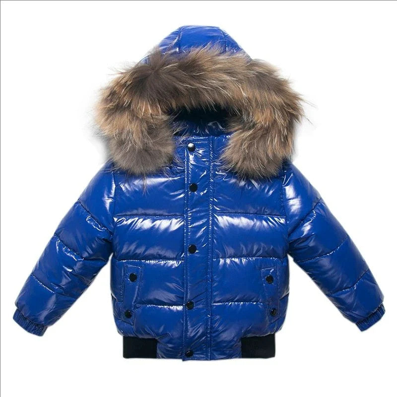 Kids Winter Down Jacket Real Faux Fur Waterproof Shiny Thick Warm Outerwear