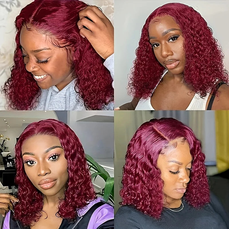 Burgundy 99J Deep Wave Short Bob Wigs 100% Human Hair Wig Water Curly Wig Baby
