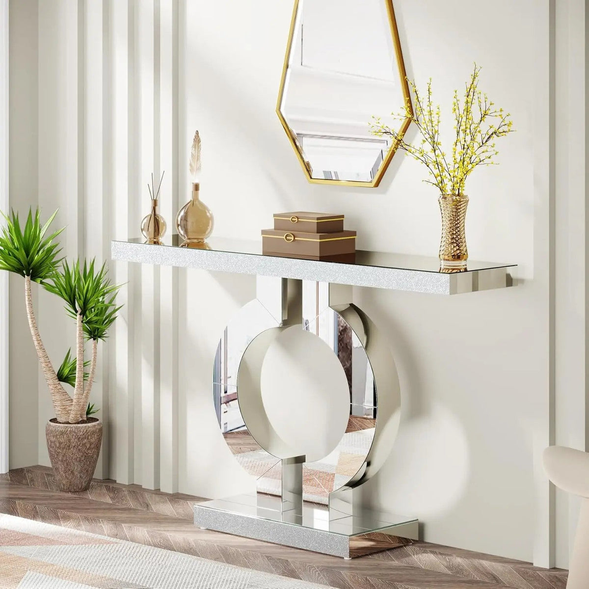 Mirrored Console Table – 110cm | Modern Minimalist Entryway Table | Glass Top | Light Grey & Silver