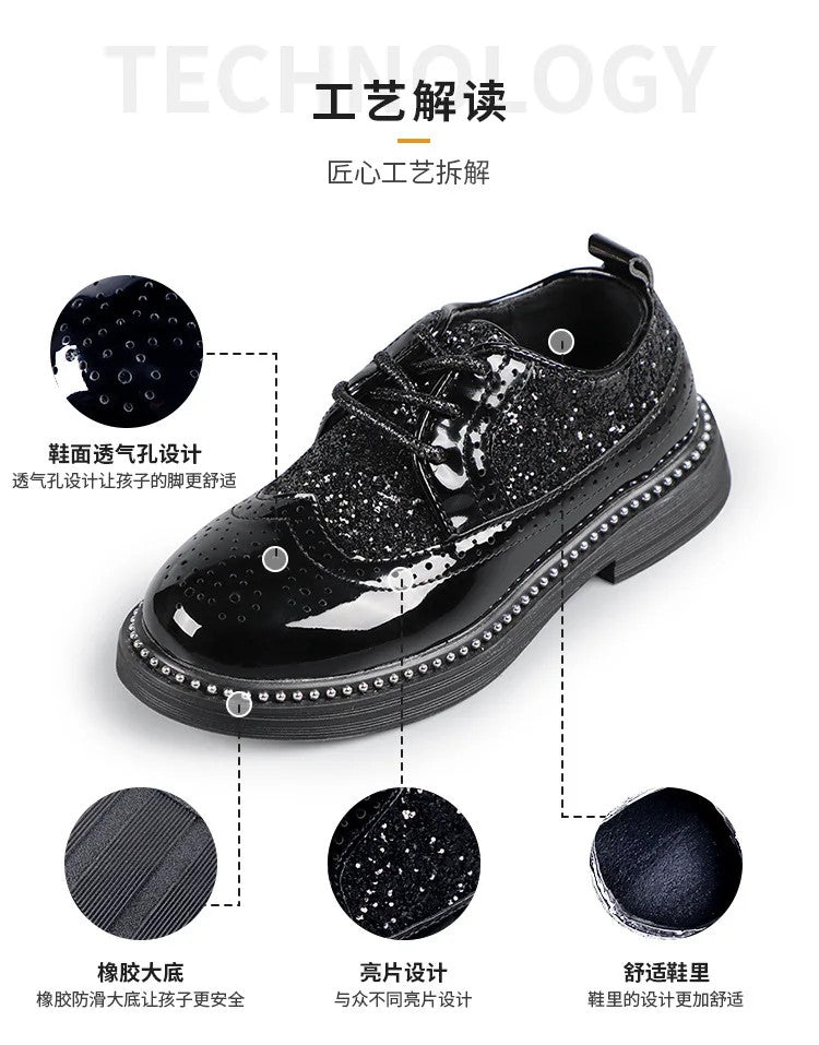 Boys Hollow Out silver Shoes Leather for Kids Party Wedding Dance Shoe Dress