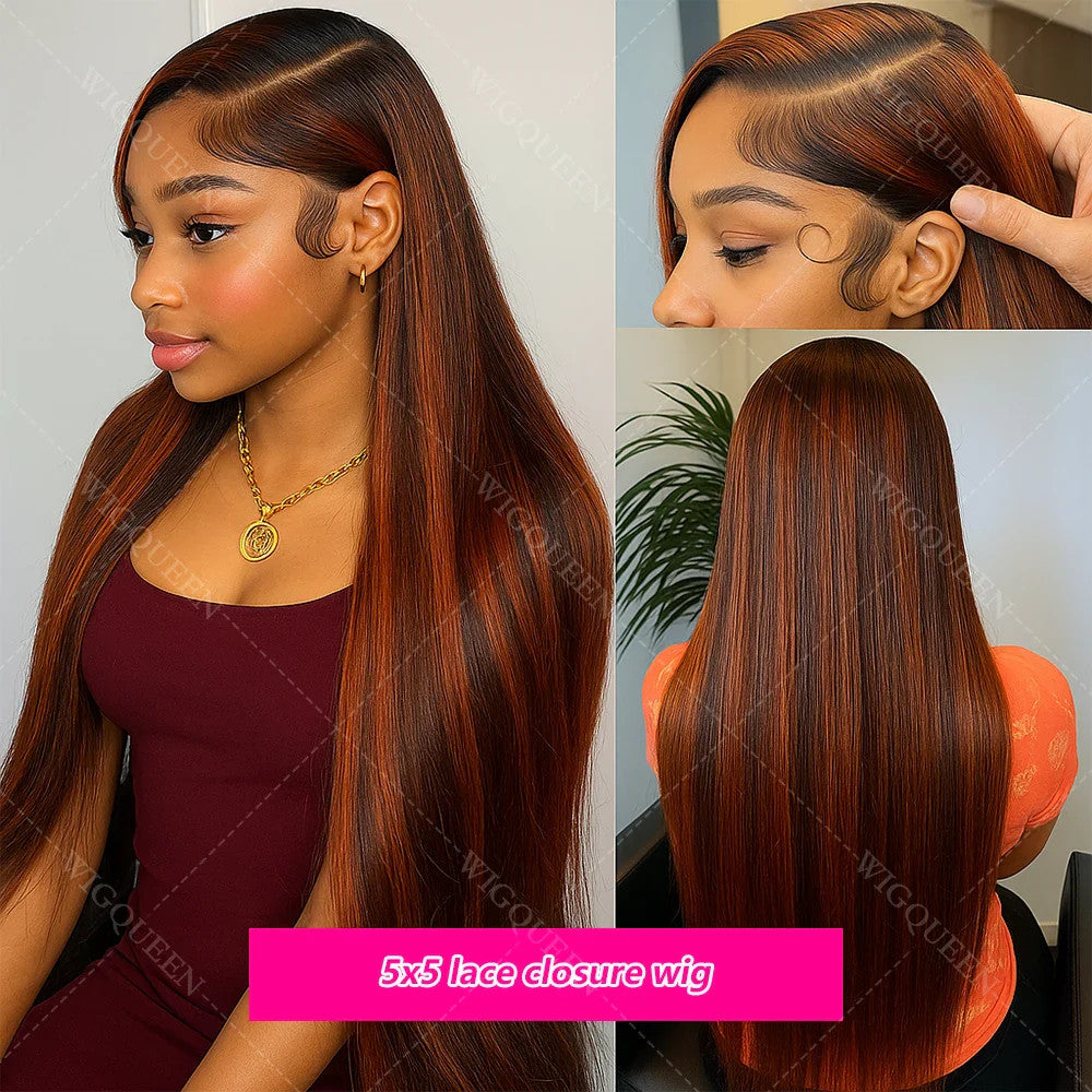 Ginger Mixed Brown Long Silky Straight Highlight Wig Human Hair 5x5 Lace Front