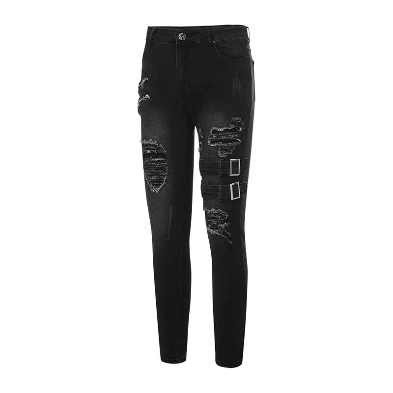 2025 New Street Skinny Ripped Jeans Men Denim Pencil Pants Wash Casual Mid