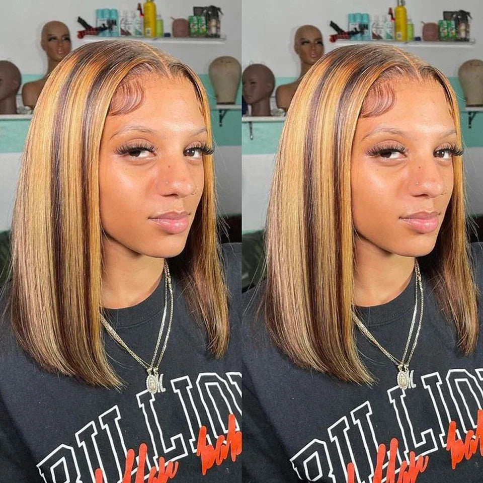 Ombre Blond Wig Brazilian Remy Hair Short Bob Human Hair Wigs Highlight P4/27