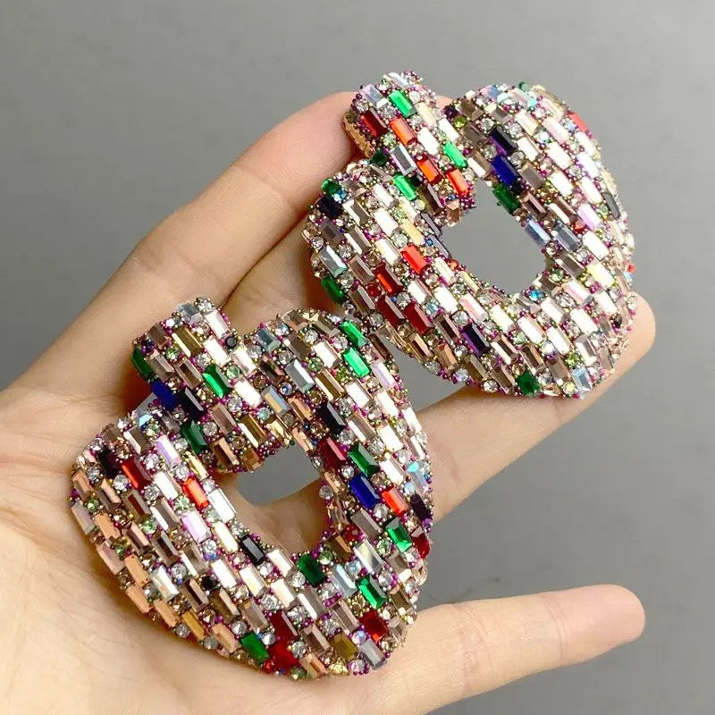 Draweye Colorful Rhinestones Stud Earrings for Women Hyperbole Hearts Hollow