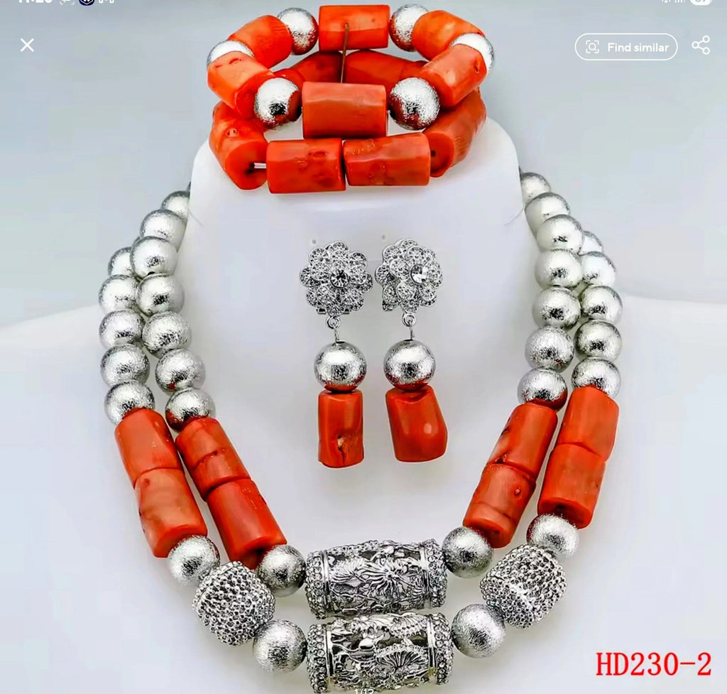 Double Layers Original Coral Nigerian Wedding Beads Jewelry Set Women Coral