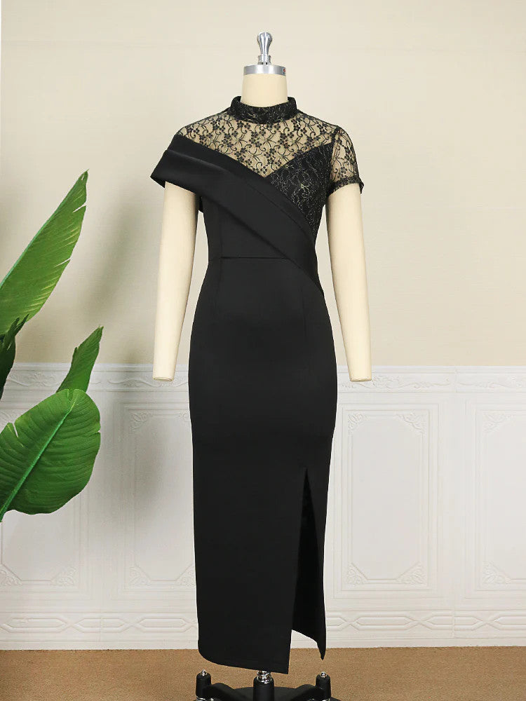 Women's High Neck Lace Patchwork Bodycon Midi Dress – Slim Sheath Evening Gown | Polyester | S–4XL | Black & Wine