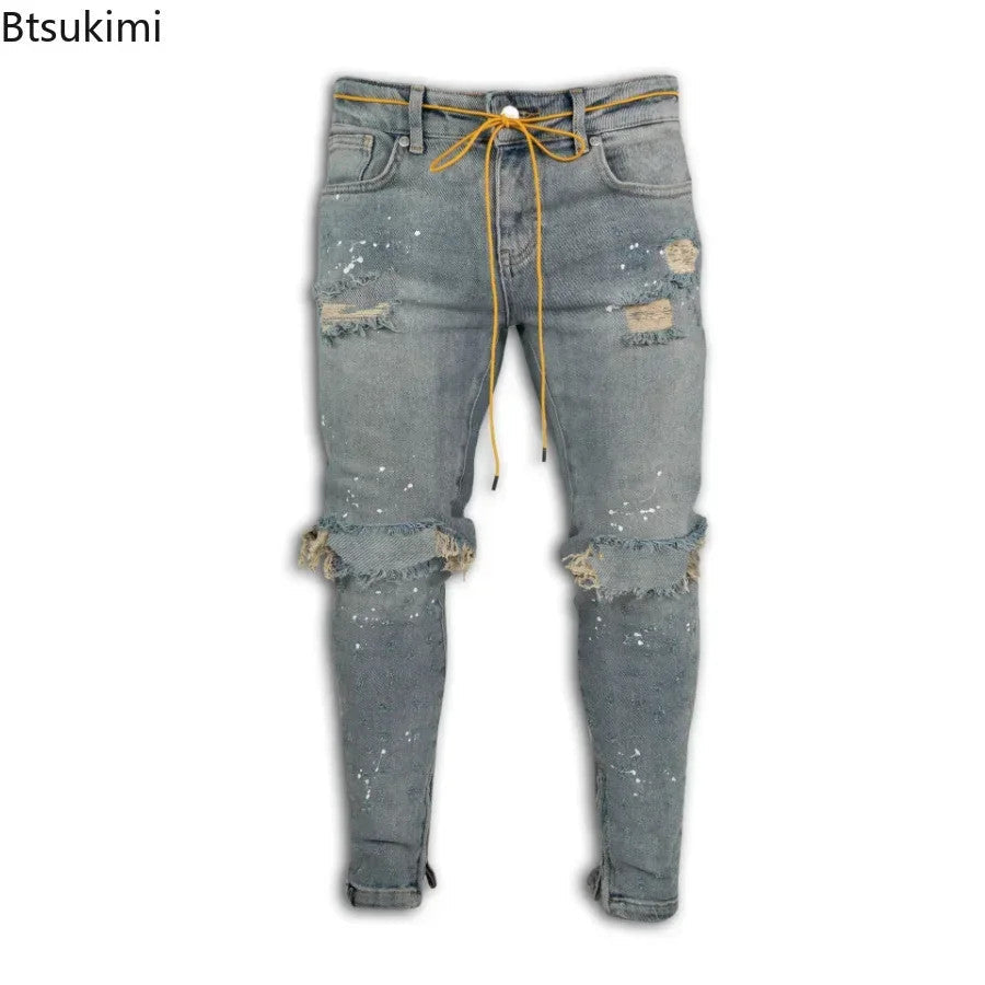 New 2025 Ripped Hole Jeans for Men Hip Hop Cargo Pant Distressed Denim Jeans