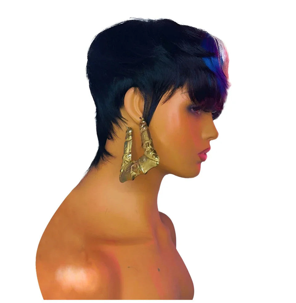 Highlight Pixie Bob Wig with Bangs | Brazilian Virgin Human Hair | Straight | 150% Density | 1B/613 Red & Black