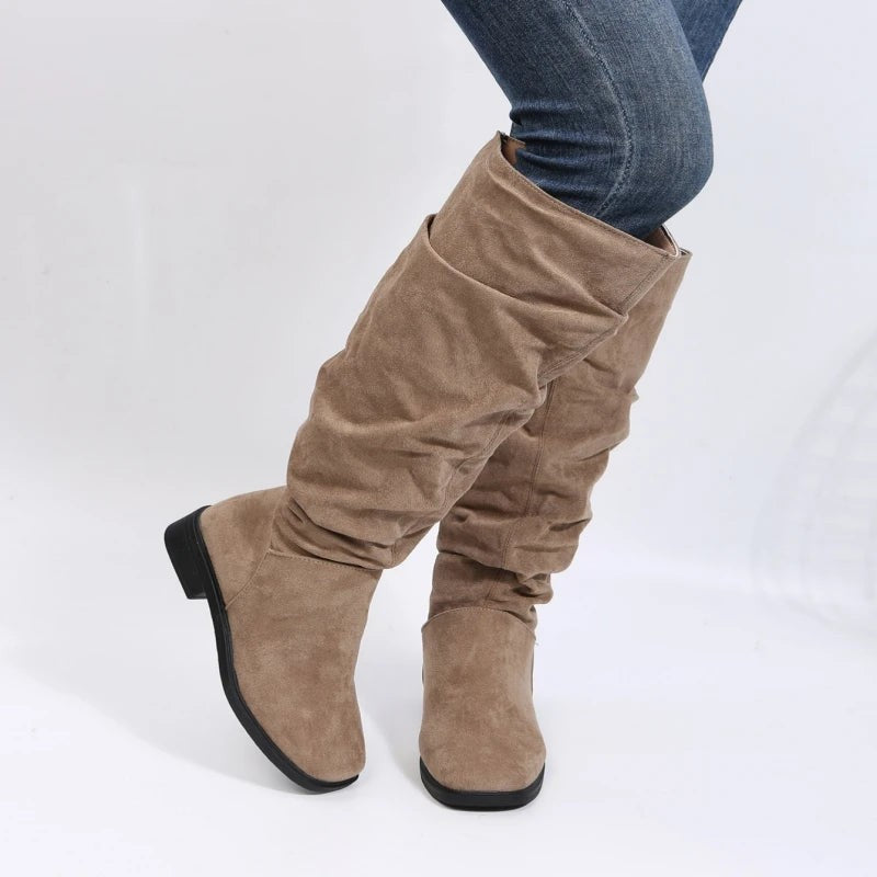 Women's Knee-High Winter Boots – Slip-On | Square Heel | Microfibre Upper | Cotton Lining | Sizes 35–43 | Black & Khaki