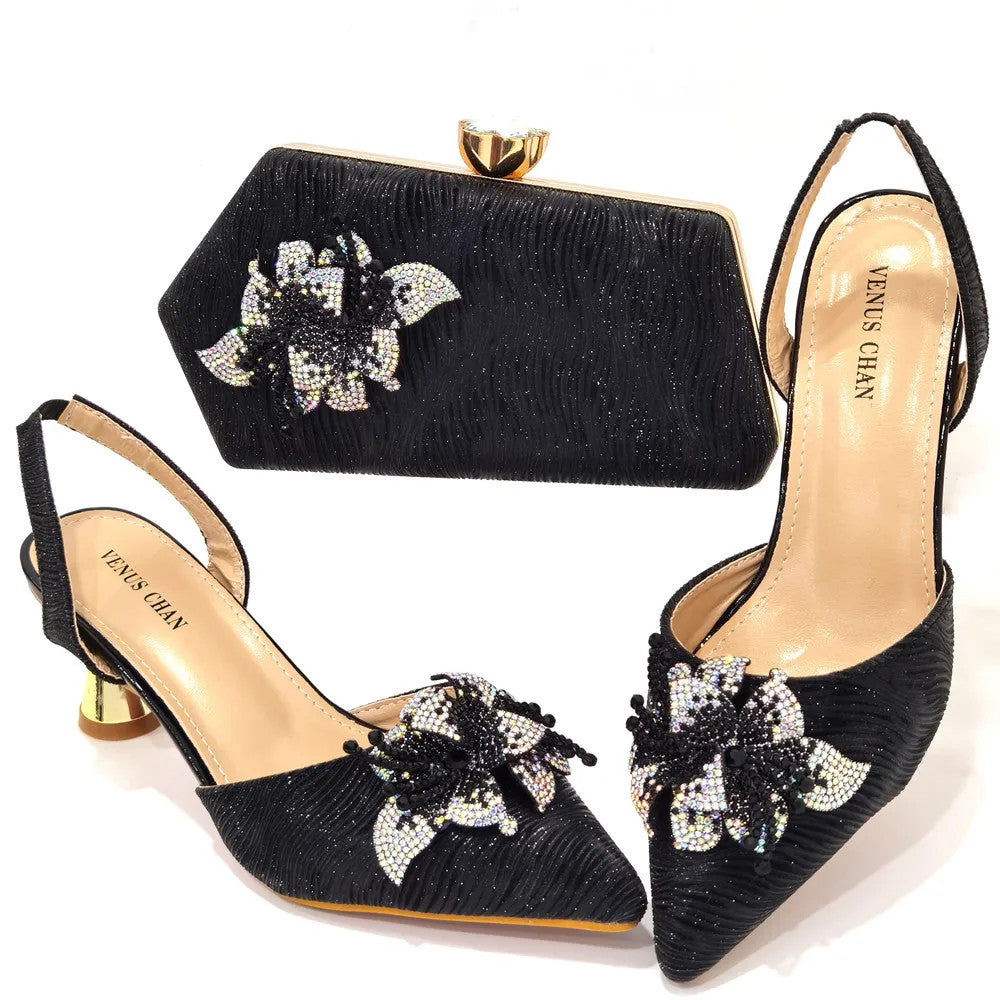 Rhinestone Flower Spike Heel Pumps — Mary Jane Pointed Toe | Black · Green · Pink · Multi | EU 37–43
