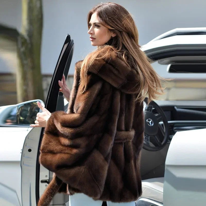 Faux Fur Hooded Batwing Sleeve Women’s Winter Coat — Double-Faced | Coffee | One Size