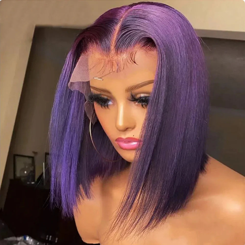 Short Bob Wig 180% Dark Purple Lace Front Human Hair Wigs For Women 13x4 Lace