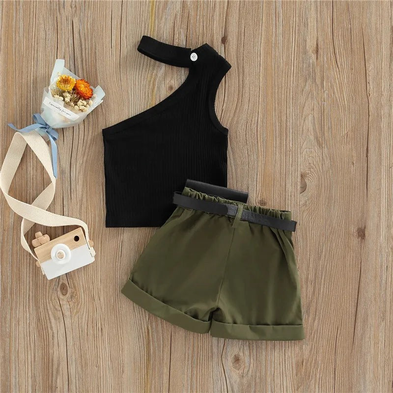 1-5 Years Infant Girl Casual Set Tanks Tops + Shorts + Waist Bag Pockets