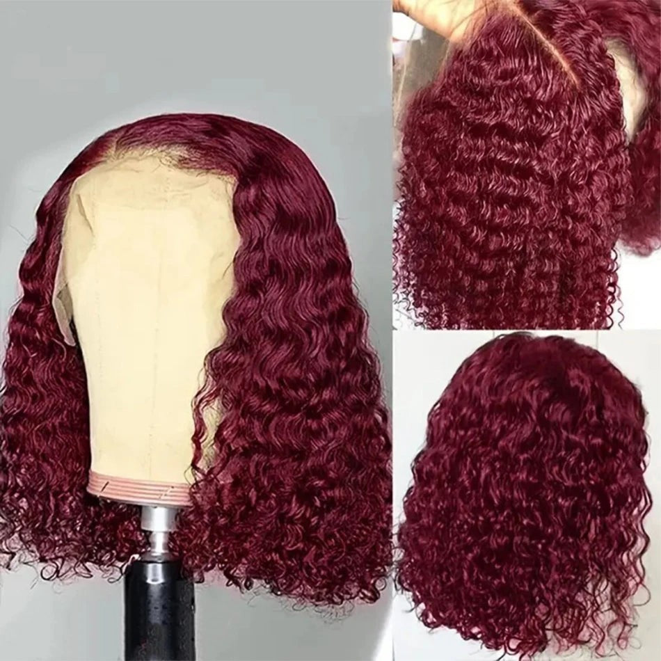 Red Colored 99J Curly Deep Water Wave 13x4 Lace Front Wigs Short Bob 100%