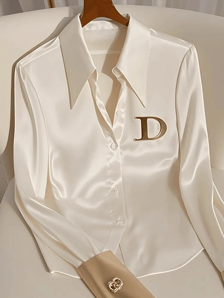 High Quality Fashion Women's White Satin Shirt Turn Down Collar Long Sleeve
