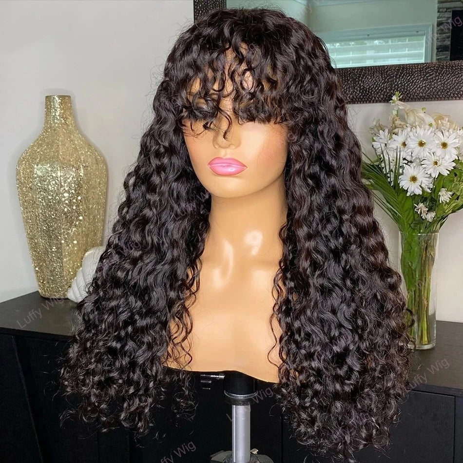 Wear and Go Glue less Wig Water Wave Human Hair Wigs with Bangs for Black Women