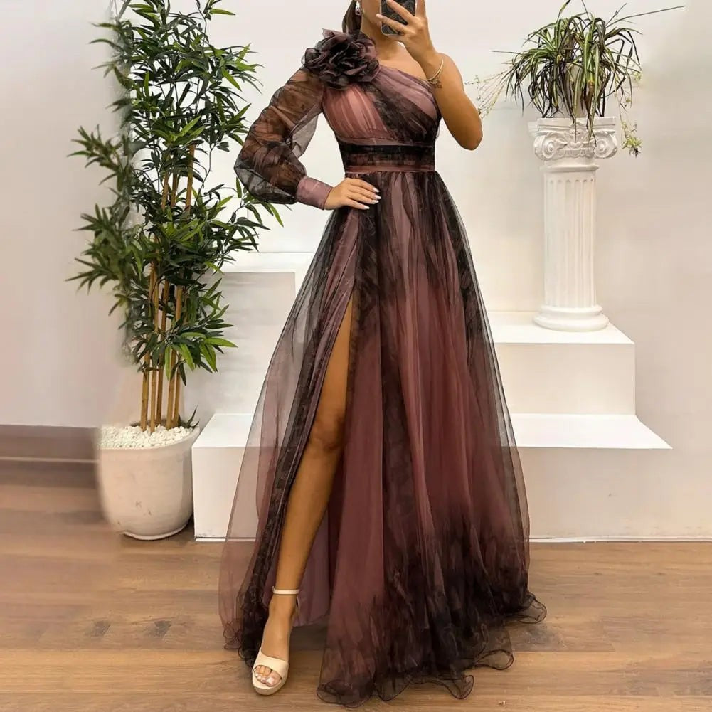 One Shoulder Pleated Chiffon Evening Dress | Floor-Length A-Line | 3D Floral | S–XL