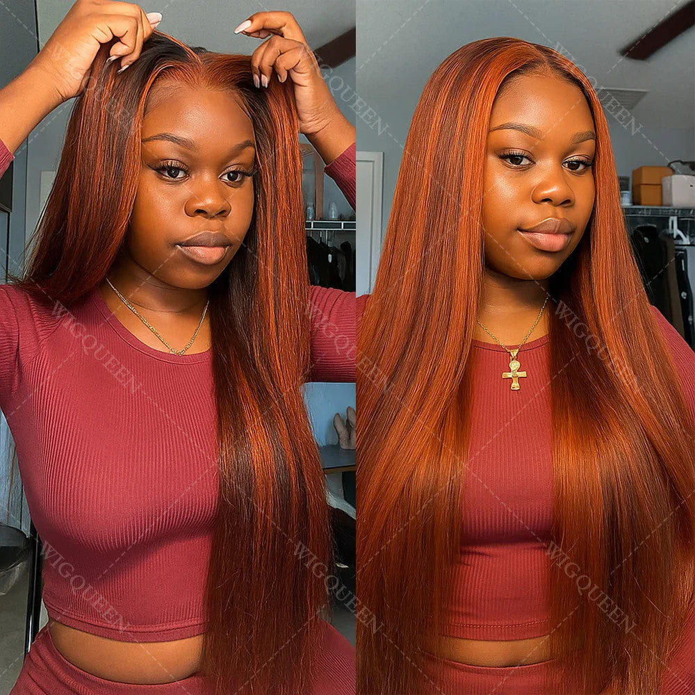 Ginger Mixed Brown Long Silky Straight Highlight Wig Human Hair 5x5 Lace Front