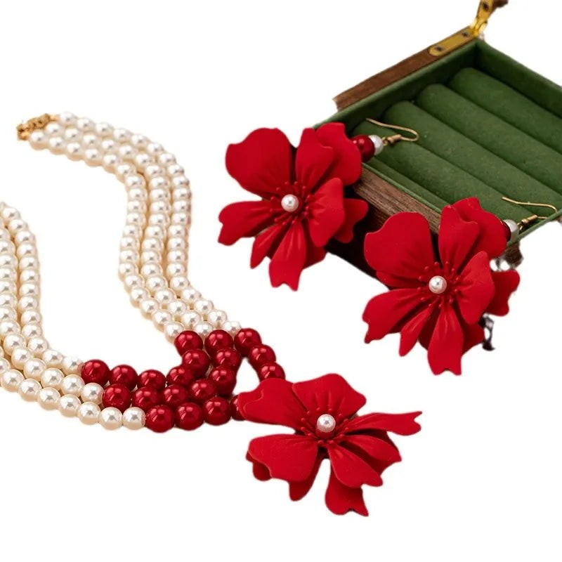 Necklace Big Red Flowers Pendant 3 Layers of Pearl Chain Women Girls Gifts
