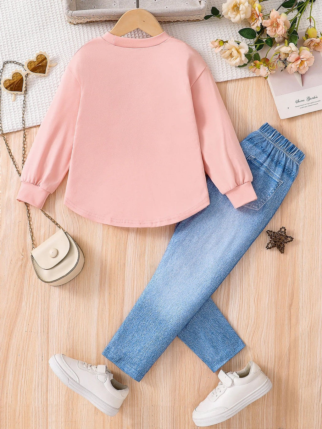 Spring and autumn girls fashion cute 2-piece set micro-elastic pink round neck