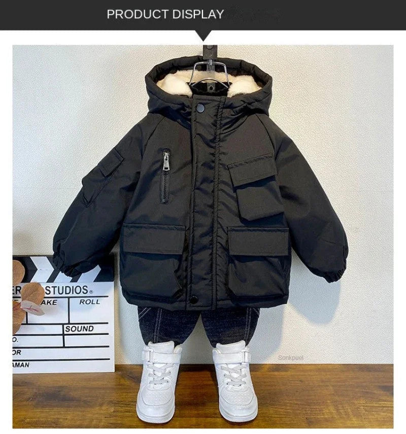 New Winter Down Cotton Jacket Boys Black Hooded Coat Children Outerwear