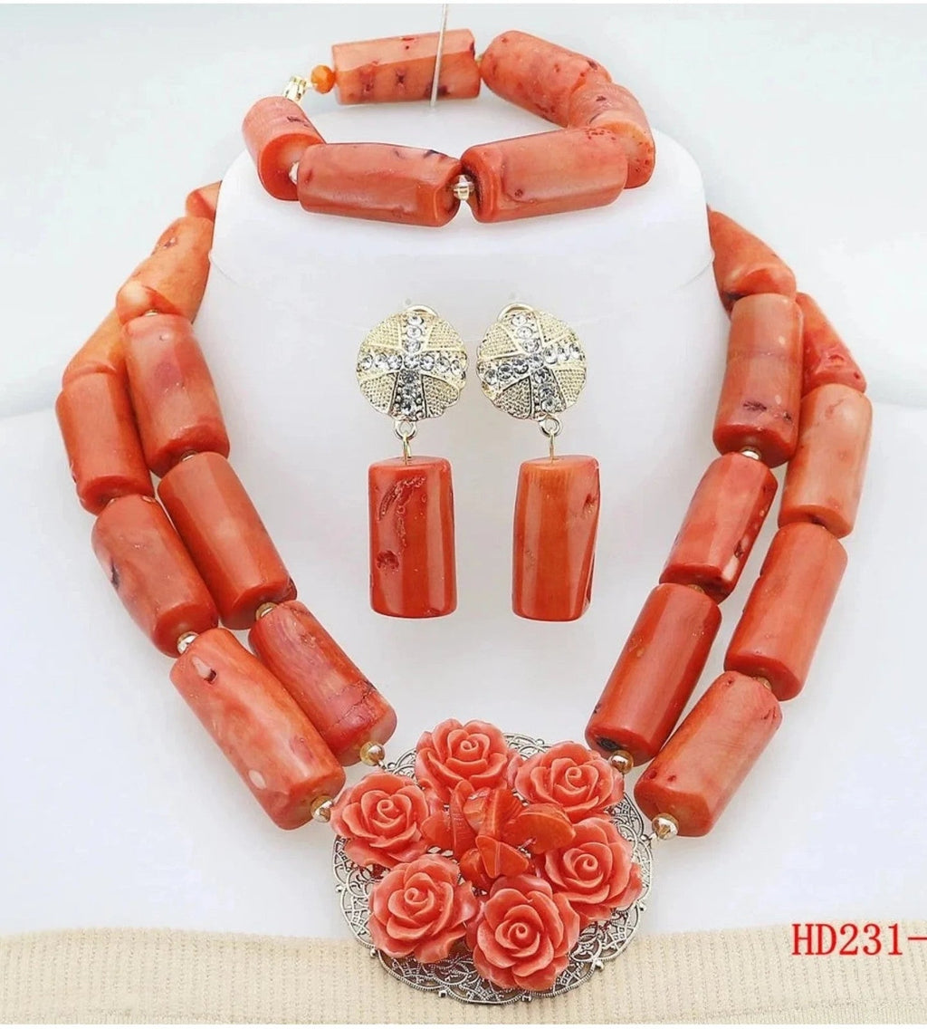 Double Layers Original Coral Nigerian Wedding Beads Jewelry Set Women Coral