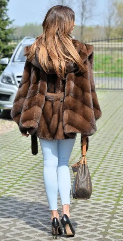 Faux Fur Hooded Batwing Sleeve Women’s Winter Coat — Double-Faced | Coffee | One Size