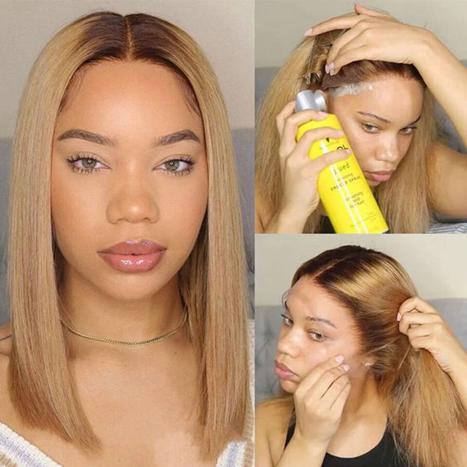 Ombre Blond Wig Brazilian Remy Hair Short Bob Human Hair Wigs Highlight P4/27