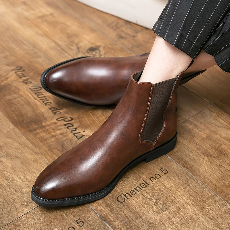 Winter Ankle Chelsea Leather Pointed Toe Boots For Men