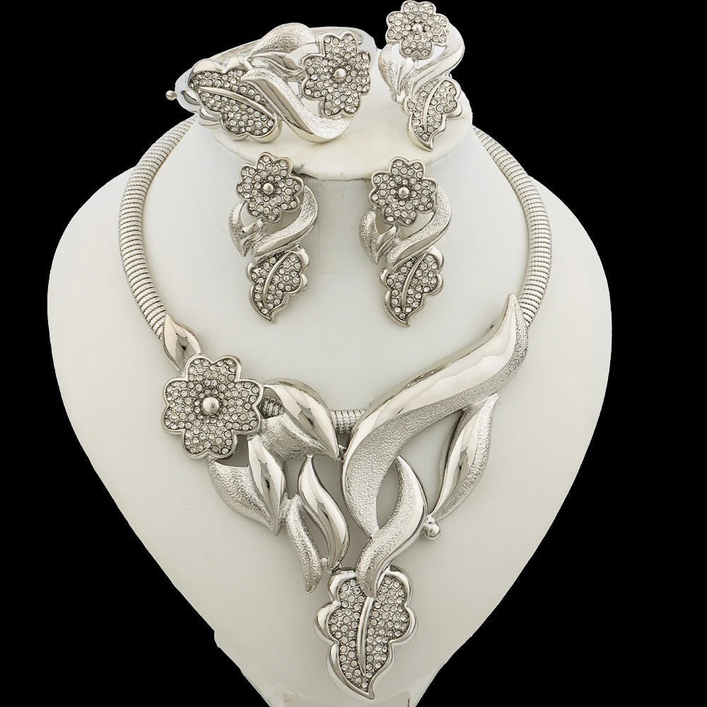 Luxury Flower Design Jewelry Set for Women, Gold Color Big Pendant Necklace and
