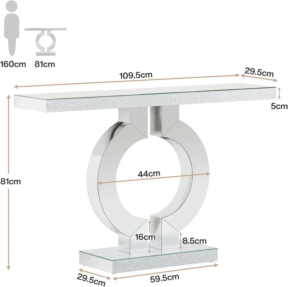 Mirrored Console Table – 110cm | Modern Minimalist Entryway Table | Glass Top | Light Grey & Silver