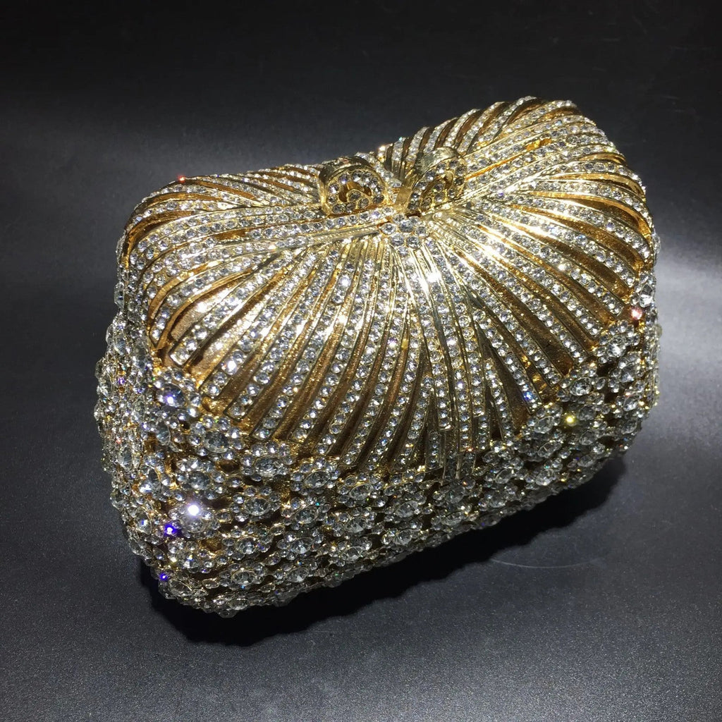 Women Gold Color Flower Rhinestones Clutch Bags Crystal Evening Purse Stones