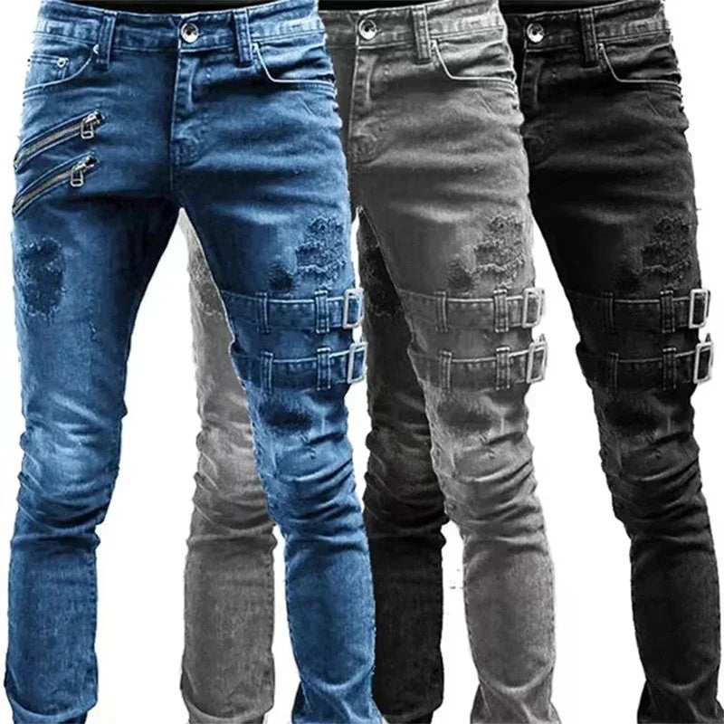 2025 New Street Skinny Ripped Jeans Men Denim Pencil Pants Wash Casual Mid