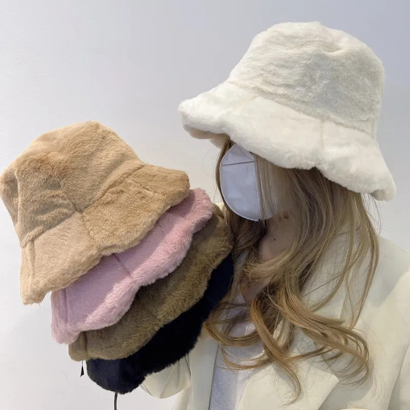 Women Girls Faux Fur Bucket Hat Plush Warm Fisherman Hat Outdoor Windproof