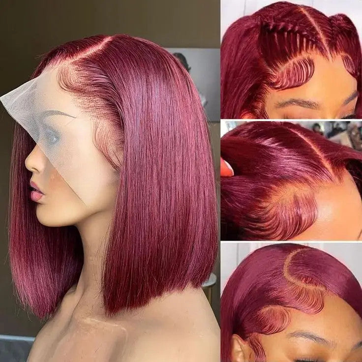 Human Hair Straight Bob Wigs 100% Human Hair 99J Burgundy Color Glueless Bob